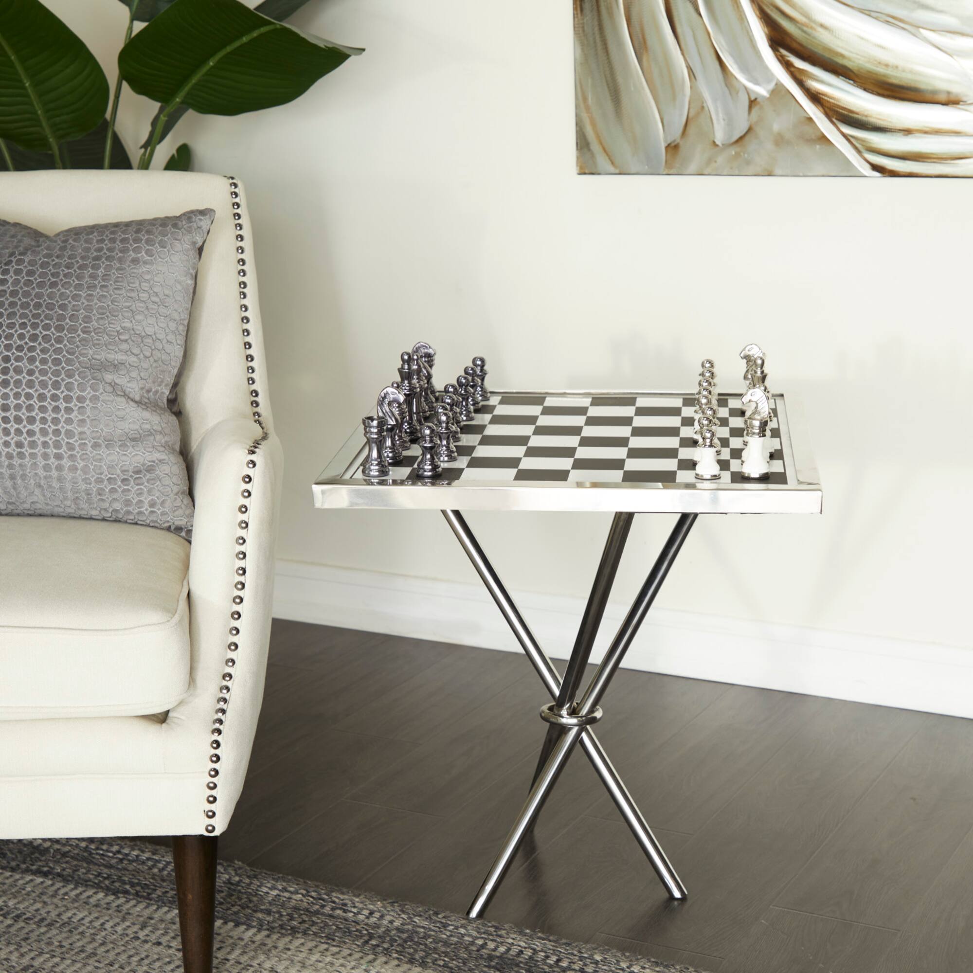 Silver Aluminum Contemporary Game Set Table, 4" x 25" x 22"